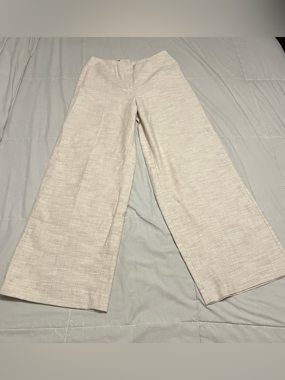 Zara Wide-Leg Linen-Texture Pants in Light Cream